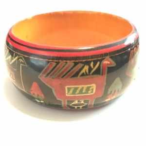 VTG Wood Painted Chunky Abstract Bangle Bracelet